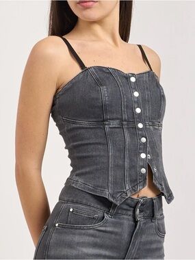 Guess Black Wash Denim Button-Front Crop Top